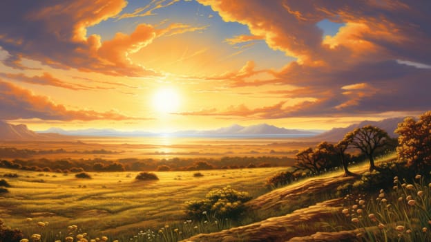 Sunrise over rolling plains watercolor illustration - AI generated. Sunrise, plain, cloud, sky, mountain.