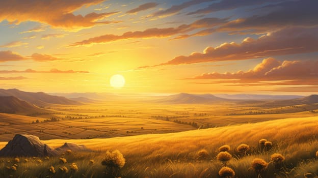 Sunrise over rolling plains watercolor illustration - AI generated. Sunrise, plain, cloud, sky, mountain.