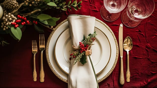 Christmas table decor, holiday tablescape and dinner table setting, formal event decoration for New Year, family celebration, English country and home styling inspiration