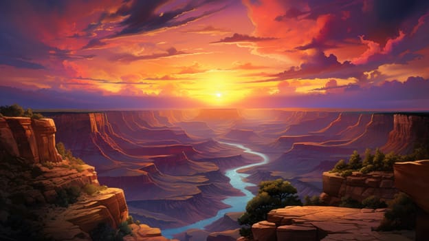 Sunrise over the canyon watercolor illustration - AI generated. Red, sunset, cloud, canyon, rock.