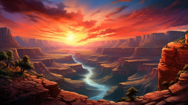 Sunrise over the canyon watercolor illustration - AI generated. Red, sunset, cloud, canyon, rock.