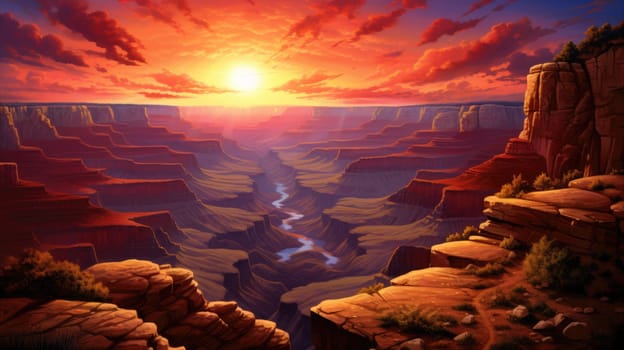 Sunrise over the canyon watercolor illustration - AI generated. Red, sunset, cloud, canyon, rock.