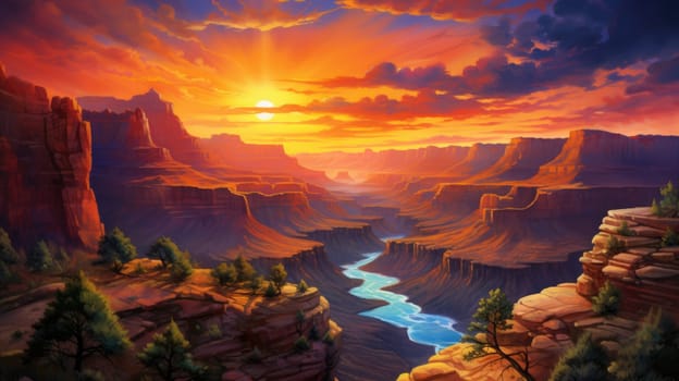 Sunrise over the canyon watercolor illustration - AI generated. Red, sunset, cloud, canyon, rock.