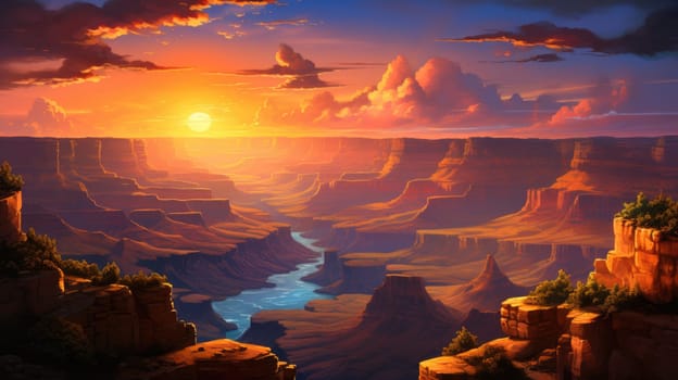 Sunrise over the canyon watercolor illustration - AI generated. Red, sunset, cloud, canyon, rock.