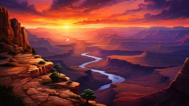 Sunrise over the canyon watercolor illustration - AI generated. Red, sunset, cloud, canyon, rock.