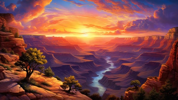 Sunrise over the canyon watercolor illustration - AI generated. Red, sunset, cloud, canyon, rock.