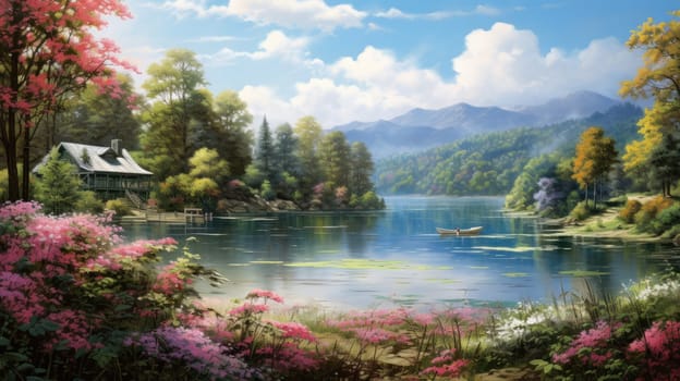 Tranquil lakeside retreat watercolor illustration - AI generated. Lake, house, grass, flowers, mountain.