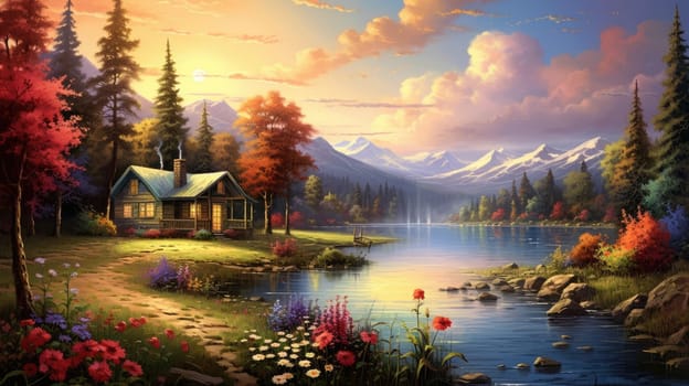 Tranquil lakeside retreat watercolor illustration - AI generated. Lake, house, grass, flowers, mountain.