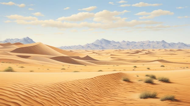 Vast desert dunescape watercolor illustration - AI generated. Desert, sand, mountain, cloud.