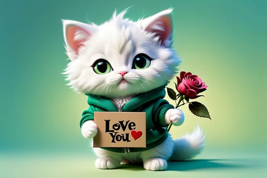 cute cat holding roses and a Love you sign, isolated on a green background .