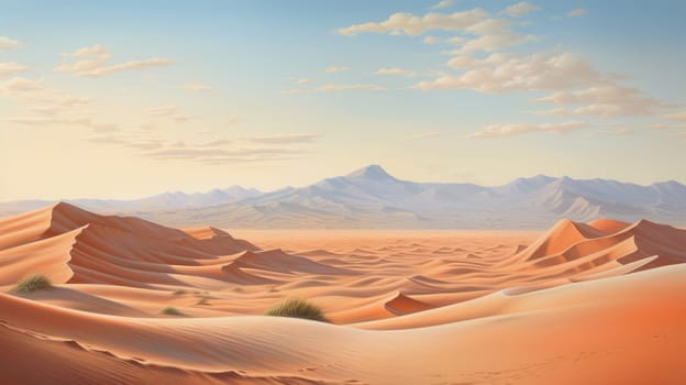 Vast desert dunescape watercolor illustration - AI generated. Desert, sand, mountain, cloud.