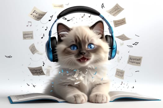 cute cat wearing headphones listening to music .
