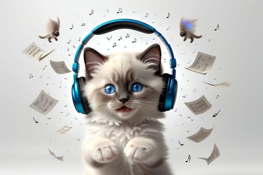 cute cat wearing headphones listening to music .