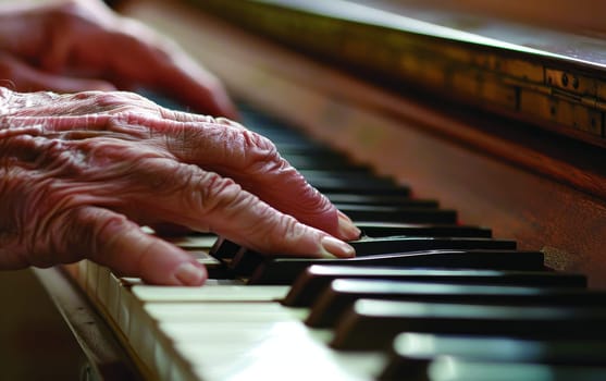 A close-up of an experienced hand gracefully playing the piano, with soft lighting enhancing the warm ambience of the music-filled room. The bokeh effect in the background adds to intimate concert