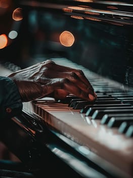 A musician's hands gracefully play the piano keys, illuminated by ambient stage lighting. The dramatic lighting emphasizes the emotion involved in the performance