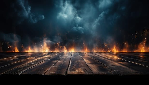 Burning wooden floor with smoke and fire in the dark background.