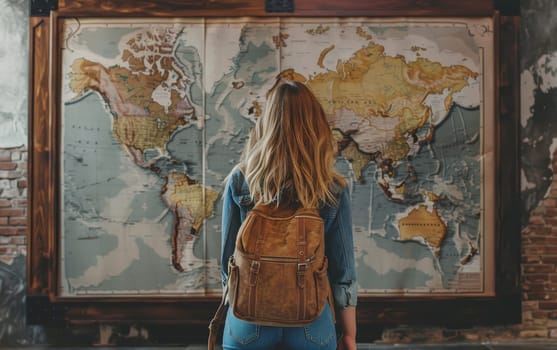 A young woman stands before a large world map, her back facing the camera. She appears absorbed in thought, possibly planning her next adventure