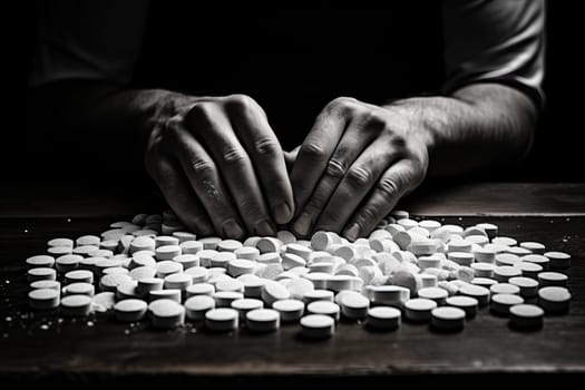man with hands over scattered pills