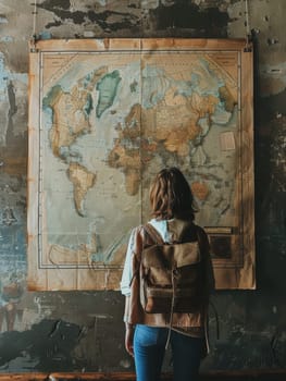 A young woman stands before a large world map, her back facing the camera. She appears absorbed in thought, possibly planning her next adventure