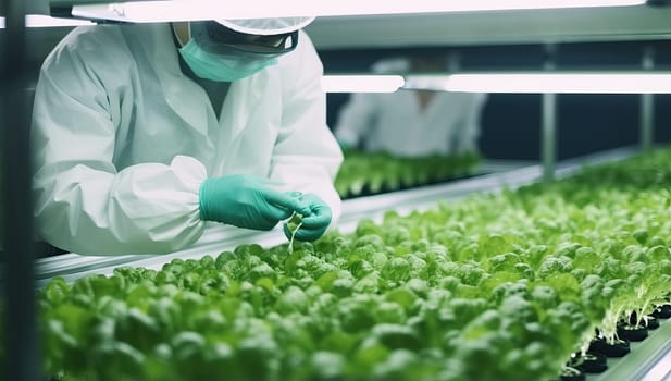 Scientist examining hydroponic green salad in lab