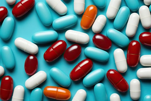 Colorful pills scattered on a blue background