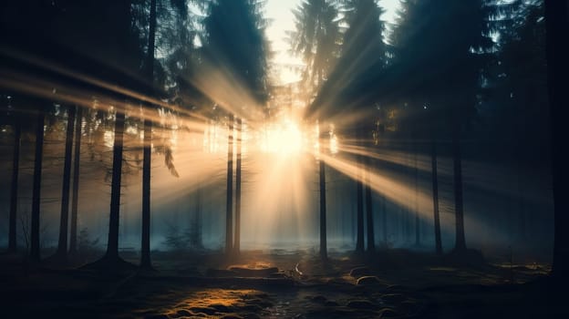 Sunrise illuminating foggy forest with light rays