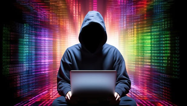Hacker in hoodie using laptop with binary code on the background