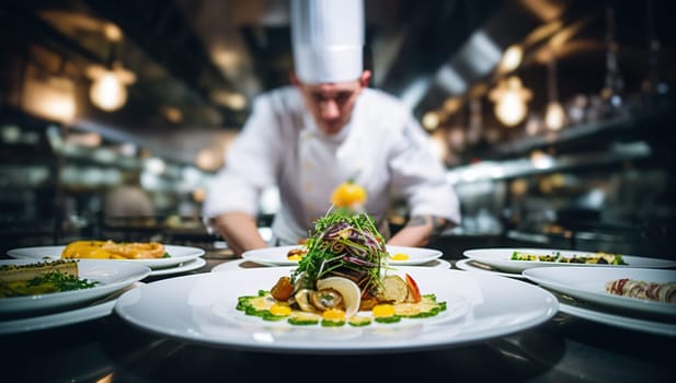 Chef presenting gourmet dish in kitchen