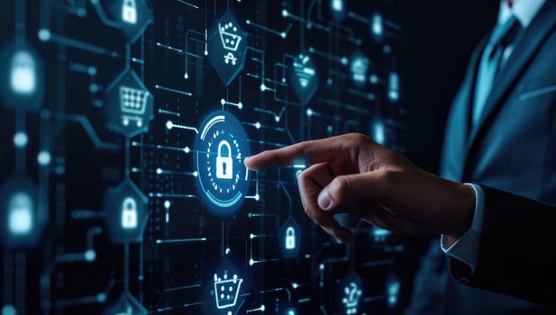 Businessman interacting with security icon on digital interface