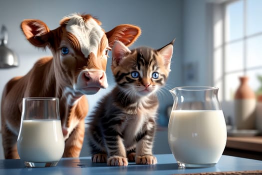 cute kitten and cow looking at fresh milk in a glass isolated on blue background .