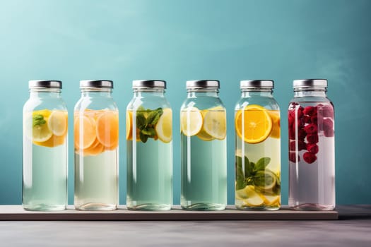 Bottles of detox water with fruits and berries on a blue background