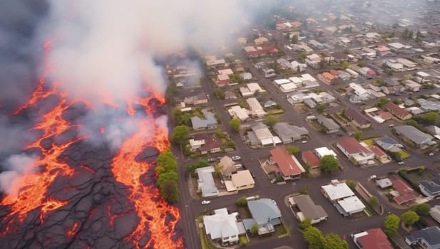 Lava flow encroaching on a residential neighborhood