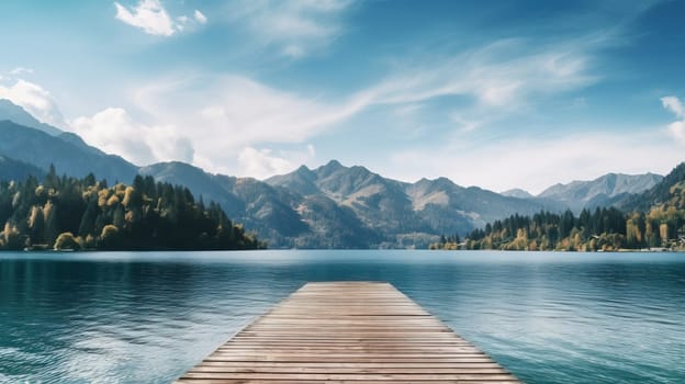 Wooden pier on lake with mountains in background. Panorama.
