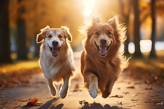 Two golden retriever dogs running in the autumn park on sunny day