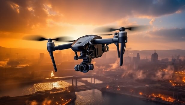Drone capturing sunset cityscape