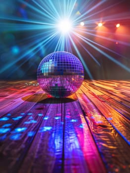 A disco ball casts a spell of pink and blue hues across a wooden dance floor, symbolizing the classic nightlife experience. The theatrical lighting sets the stage for a night of dance