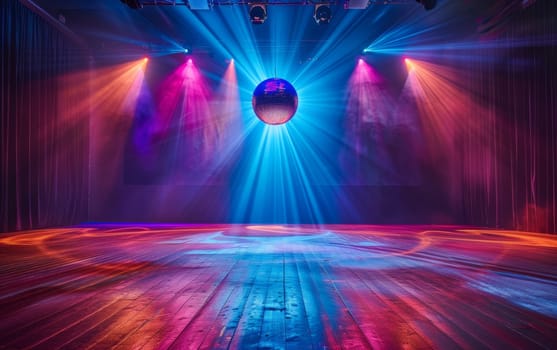 The heart of a dance floor comes alive with a shimmering disco ball under vibrant pink and blue lights. The reflective surface casts a myriad of dancing lights, evoking a lively party atmosphere