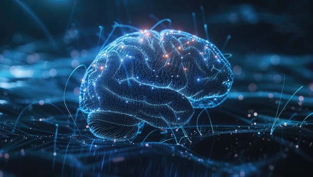 3D illustration of human brain with glowing dot connection. Artificial intelligence concept