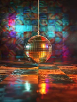 A shimmering disco ball hangs against a graffiti-covered wall, its mirrored surface reflecting the chaotic yet vibrant art behind it. The scene evokes a lively urban nightlife vibe