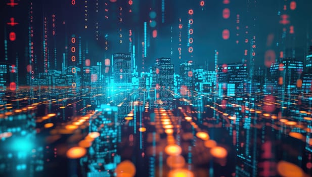 Illuminated Futuristic Cityscape with Floating Binary Code