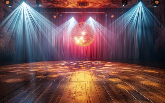 Radiant beams of purple and blue light emanate from a central disco ball in a dark club setting, creating an immersive party atmosphere. The illuminated floor reflects the festive ambience