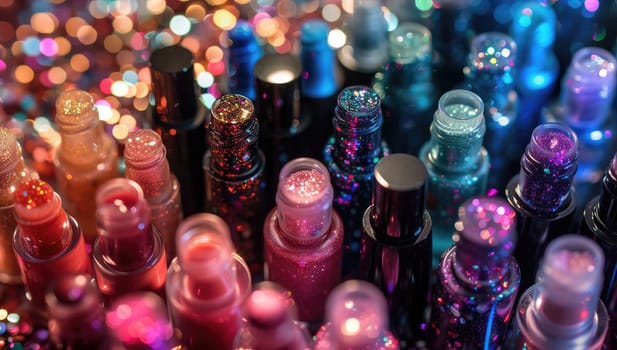 Vibrant array of nail polish bottles against a multicolor bokeh background