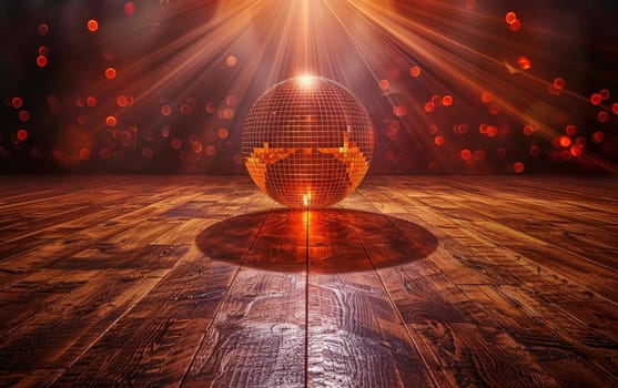 A classic disco ball radiates a warm red glow, creating an ambiance of retro nostalgia on the dance floor. The reflective facets cast soft red lights, setting the mood for a night of dancing