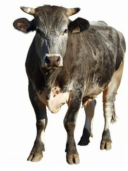 A serene Black Angus cow is depicted against a stark white background, highlighting the animal's calm demeanor and sleek black coat. Its gentle gaze and relaxed posture convey a sense of tranquility