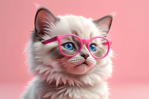 cute Ragdoll kitten wearing pink glasses, isolated on a pink background .
