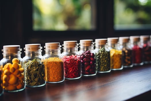 Spices and herbs in glass jars on wooden table in kitchen.