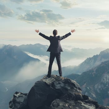 A businessman stands with arms raised on a mountain peak, overlooking a breathtaking view of cloud-wrapped mountains.