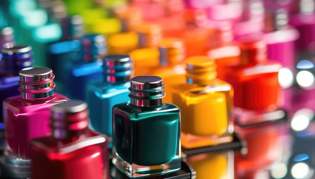 Vibrant nail polish bottles on reflective surface