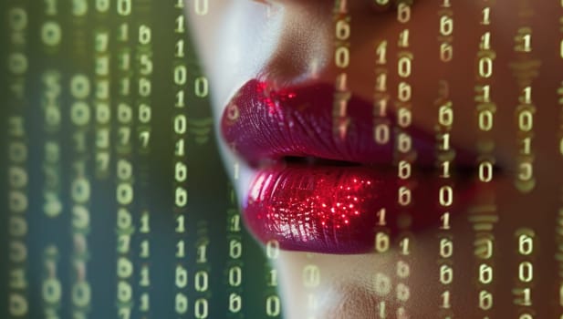 Womans Lips with Red Lipstick and Binary Code Overlay