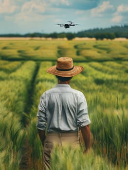 A farmer stands in a vast wheat field, remotely piloting a drone under a wide azure sky. This image depicts modern agriculture where tradition meets advanced technology